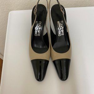 Ferragamo beige and Black patent sling back pumps